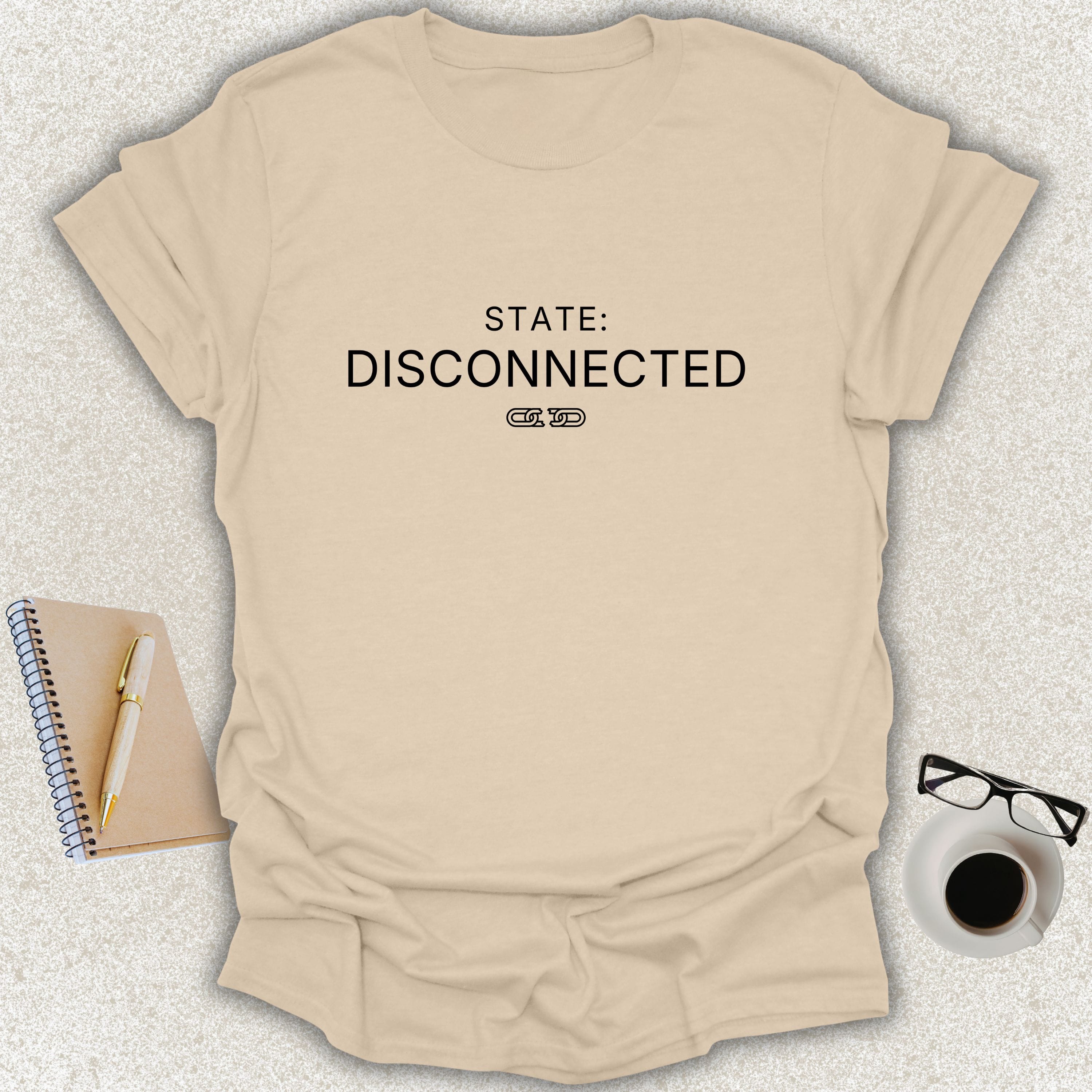 STATE: DISCONNECTED minimalist typography t-shirt with broken chain icon on sand Gildan Softstyle shirt