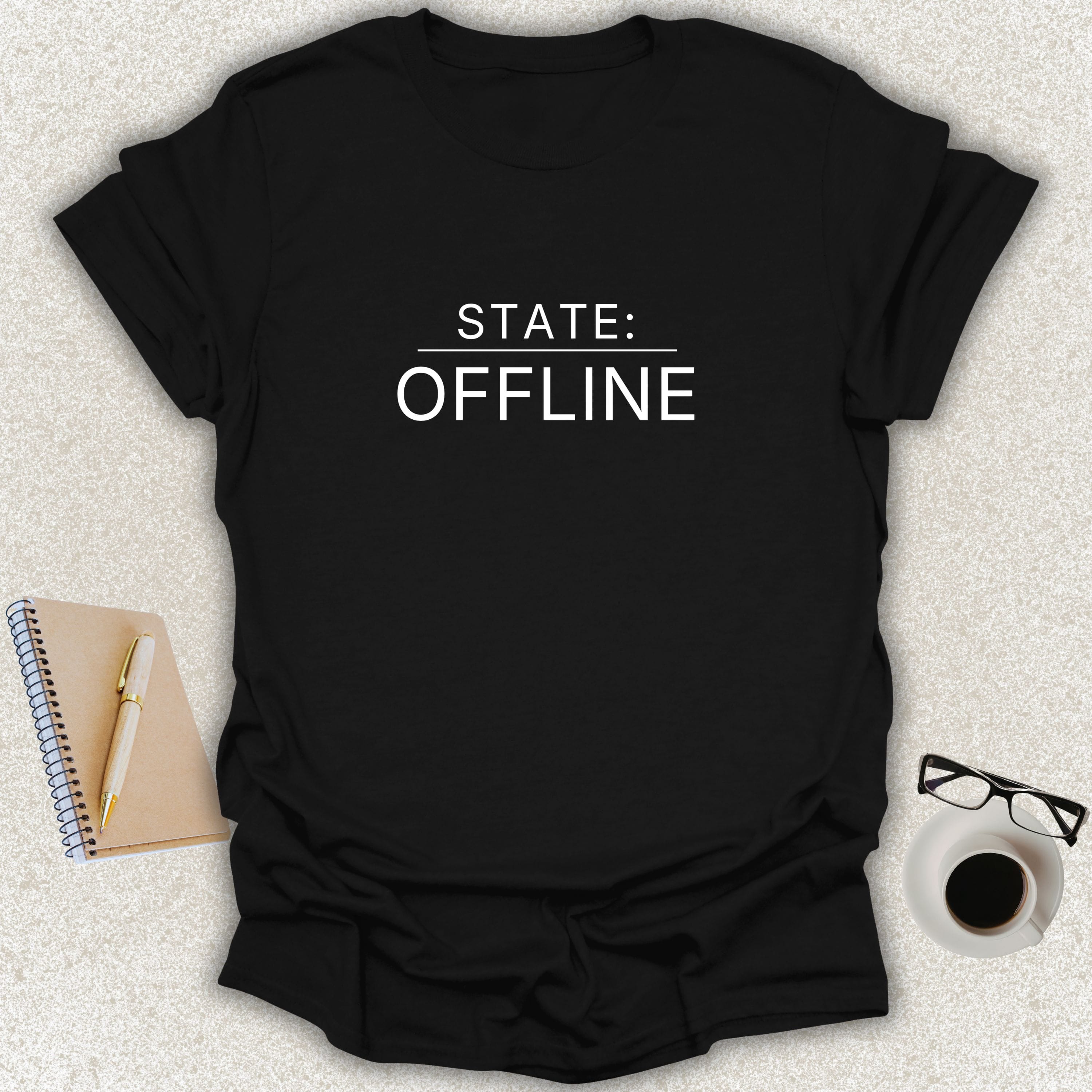 Low Signal STATE: OFFLINE minimalist typography t-shirt on black Gildan Softstyle tee