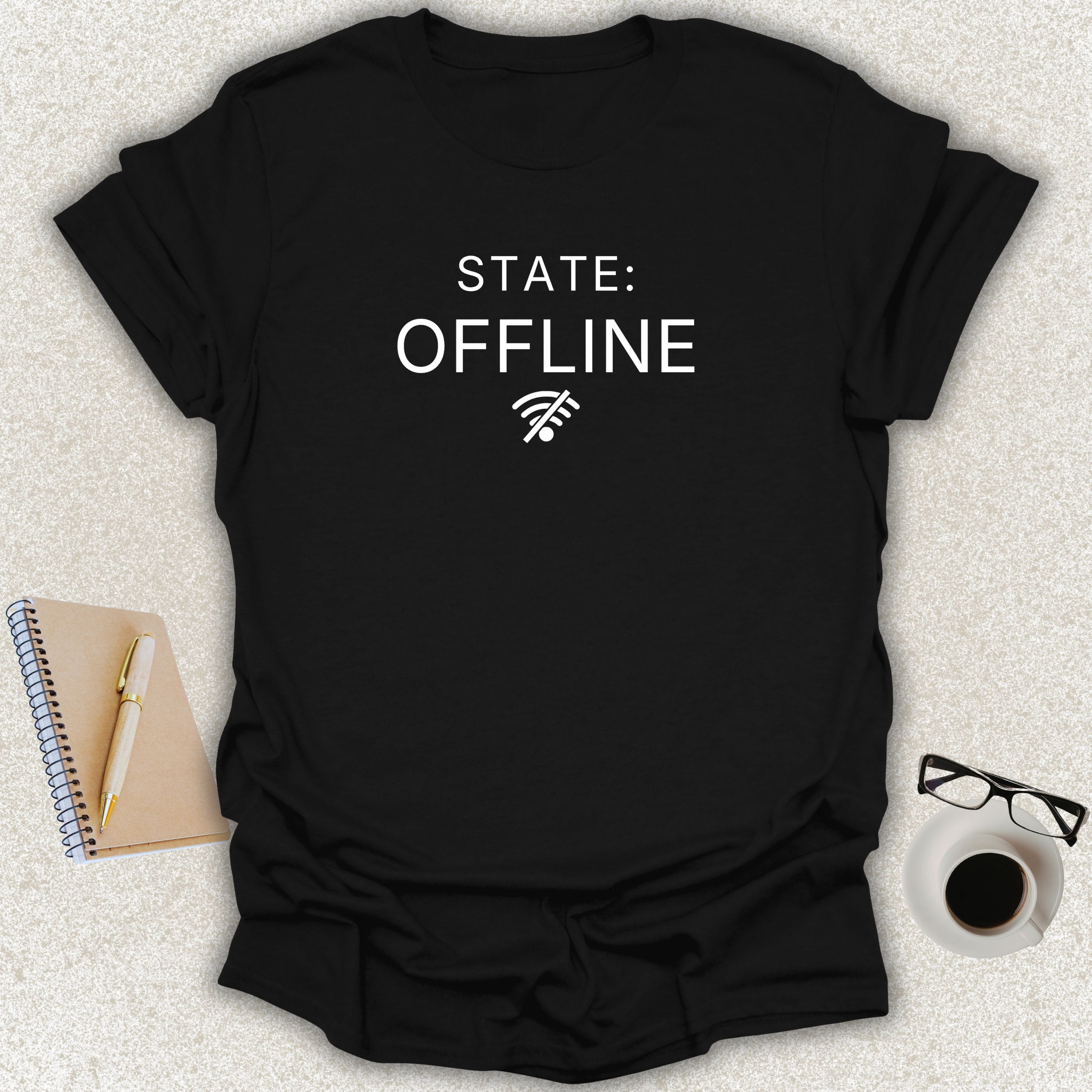 Low Signal STATE: OFFLINE minimalist typography t-shirt with disconnected Wi-Fi icon on black Gildan Softstyle tee