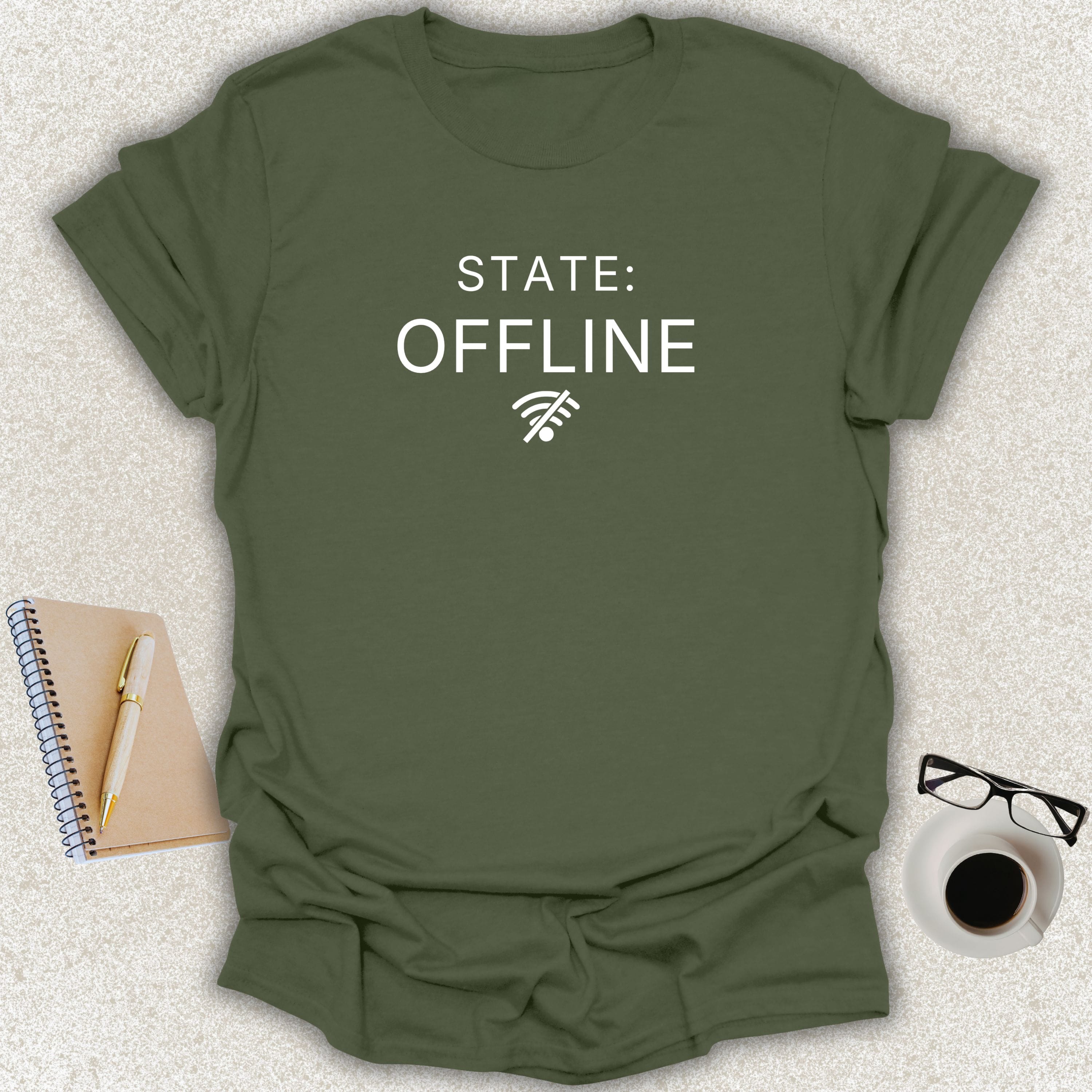 Low Signal STATE: OFFLINE minimalist typography t-shirt with disconnected Wi-Fi icon on military green Gildan Softstyle tee