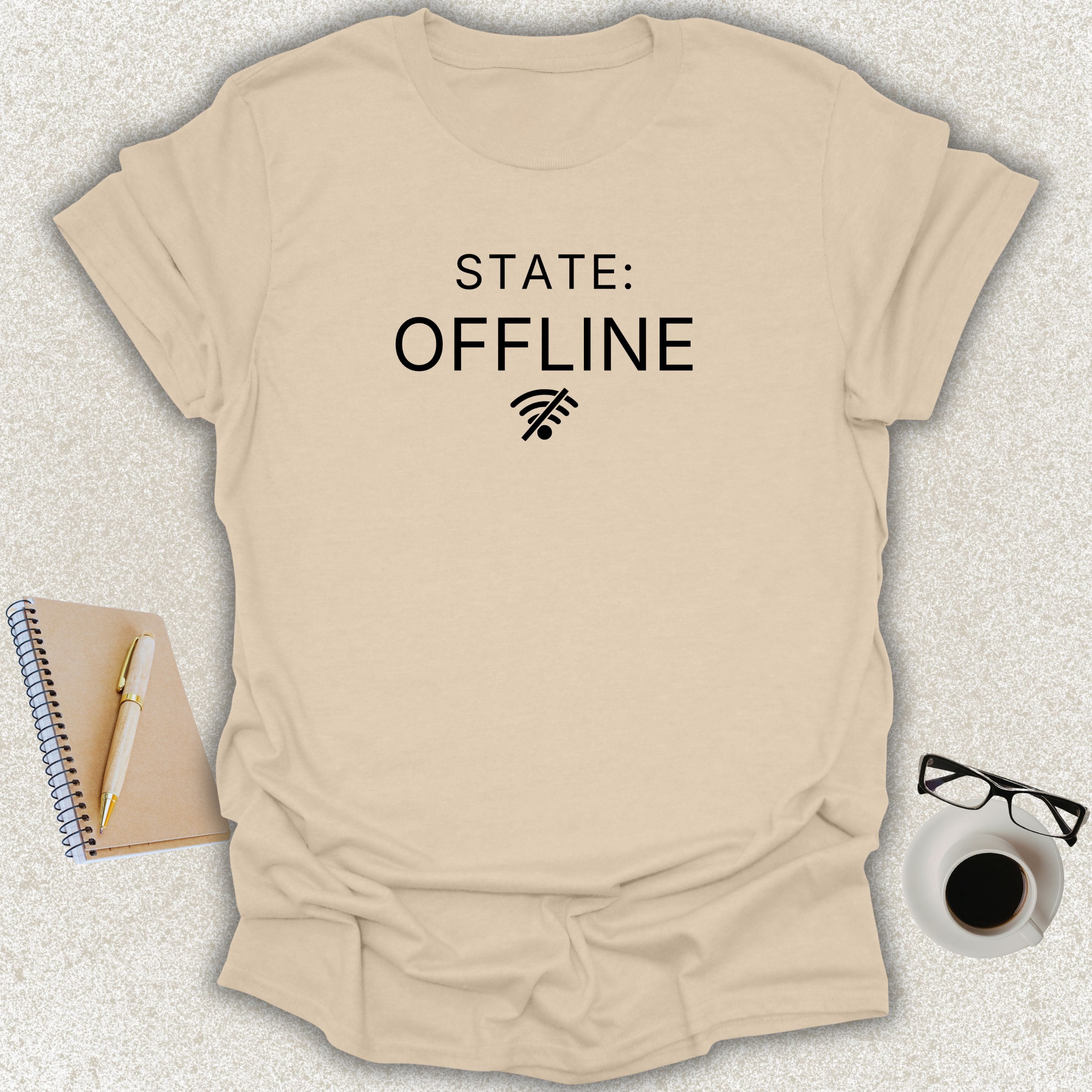 Low Signal STATE: OFFLINE minimalist typography t-shirt with disconnected Wi-Fi icon on sand Gildan Softstyle tee
