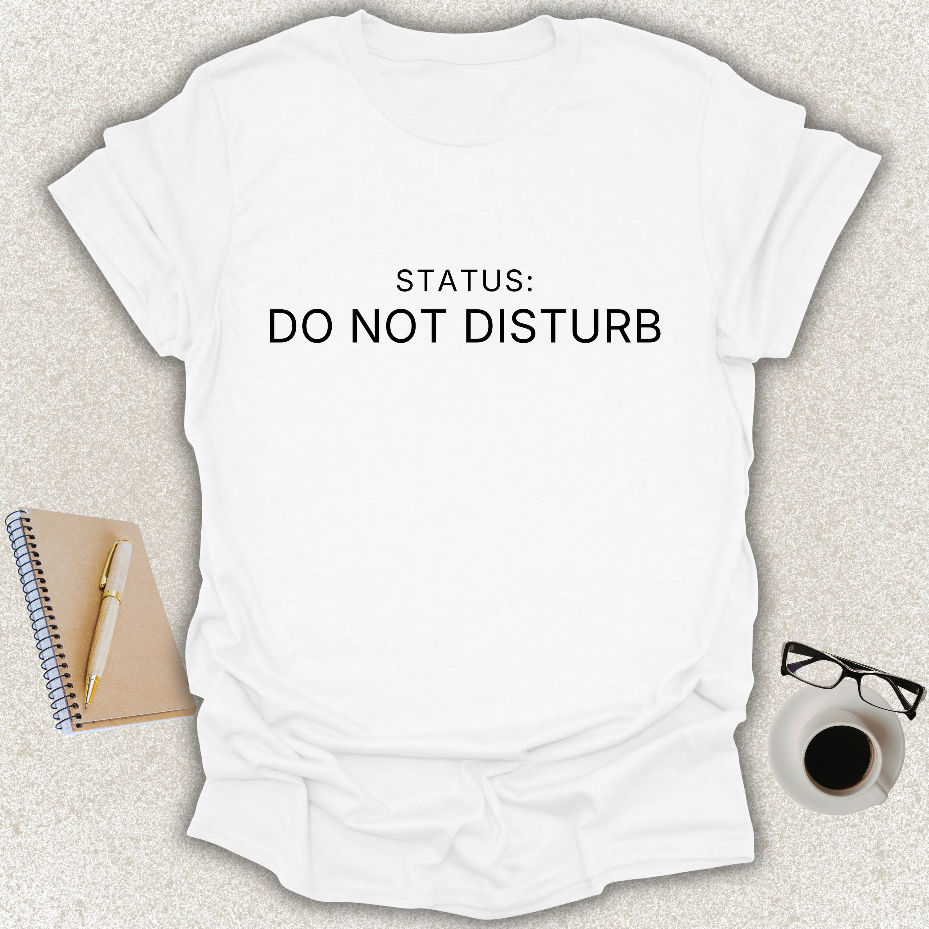 STATUS DO NOT DISTURB Core minimalist typography t-shirt on white shirt