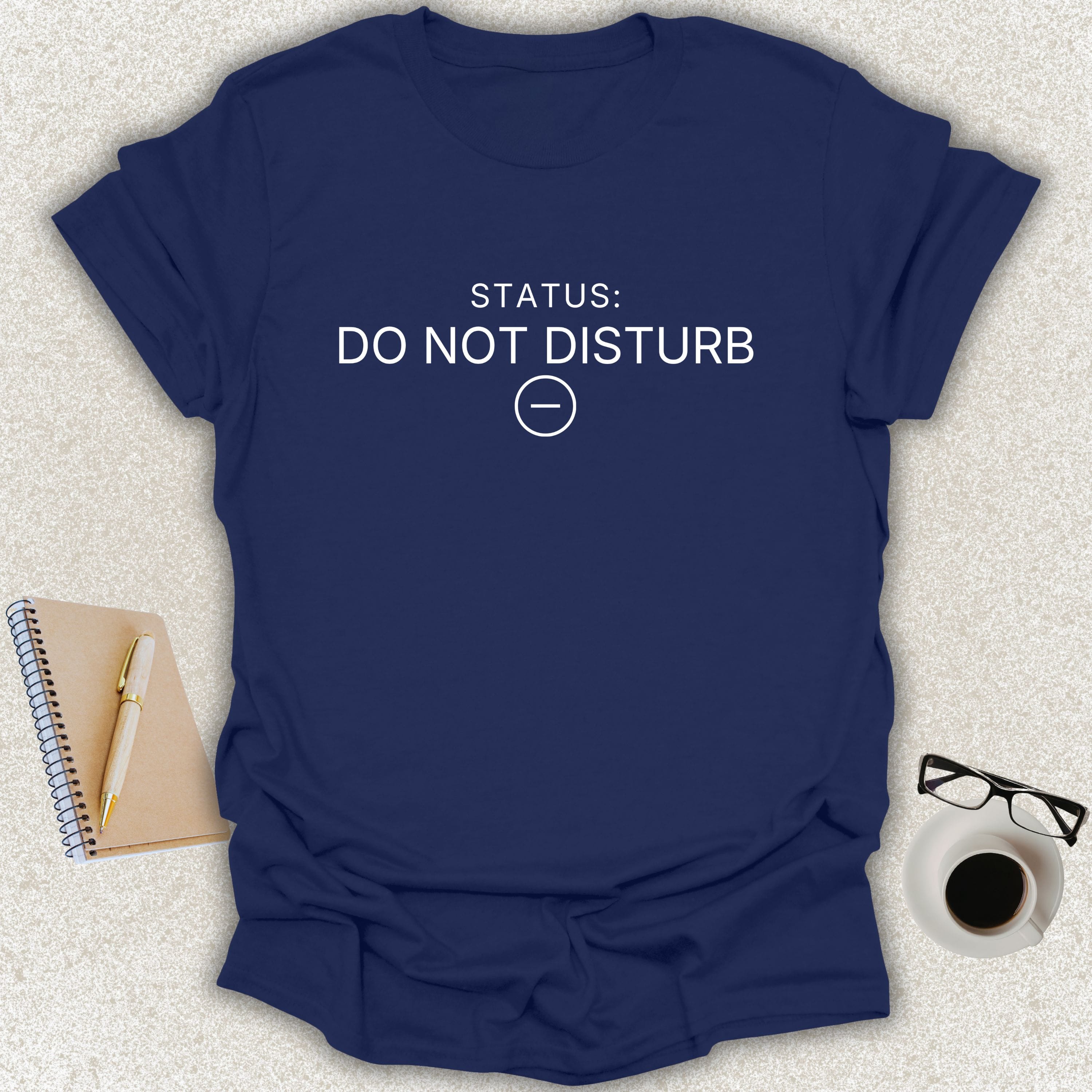 STATUS: DO NOT DISTURB minimalist typography t-shirt with circular minus icon on navy Gildan Softstyle shirt
