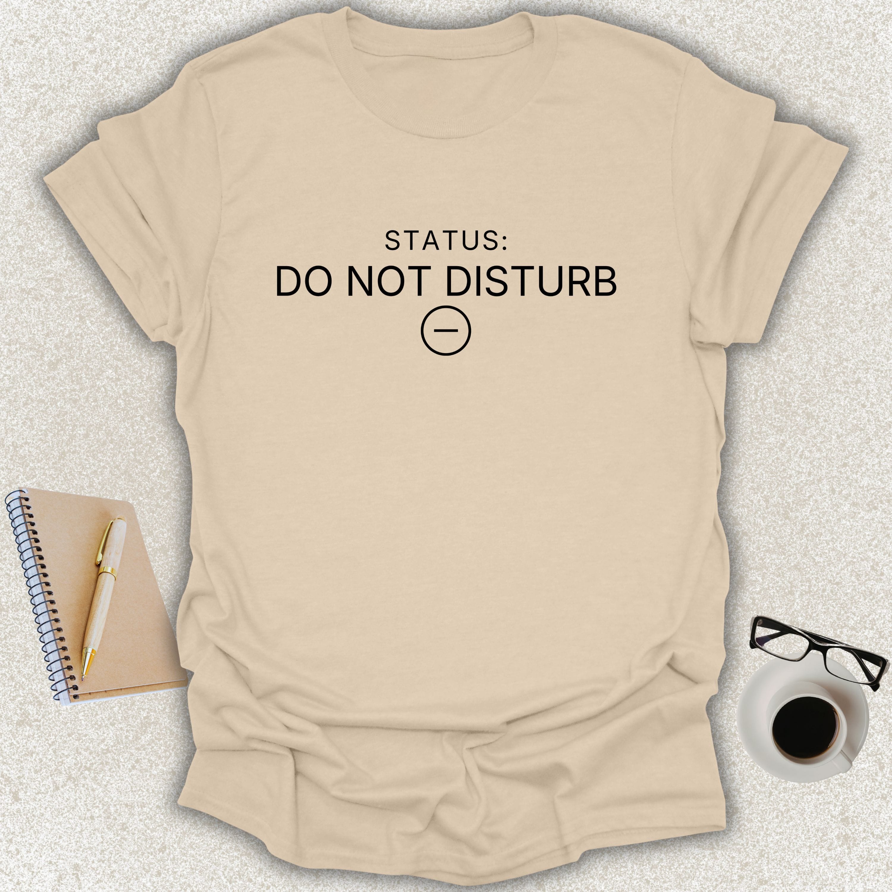 STATUS: DO NOT DISTURB minimalist typography t-shirt with circular minus icon on sand Gildan Softstyle shirt