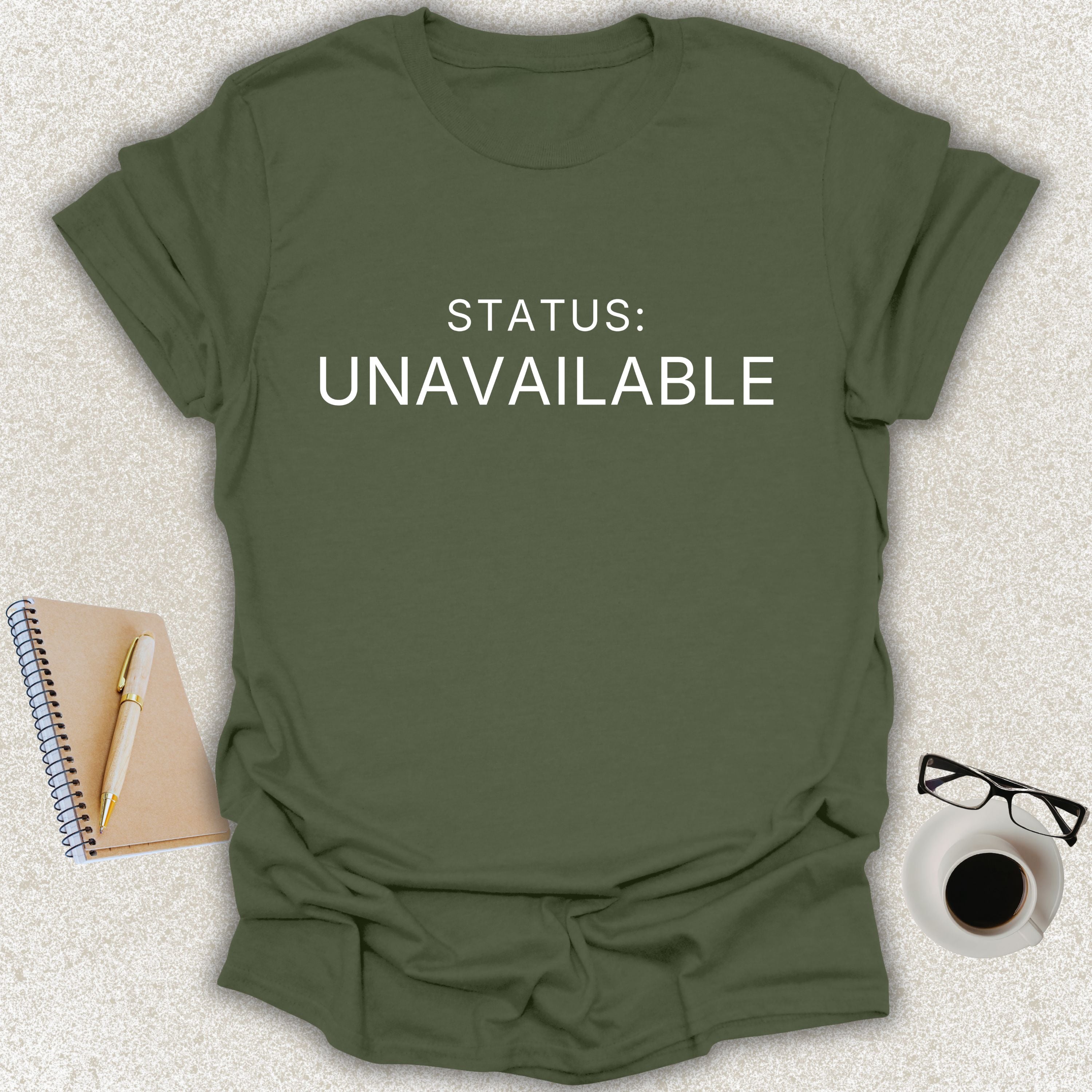 STATUS UNAVAILABLE Core minimalist typography t-shirt on military green shirt with white typography