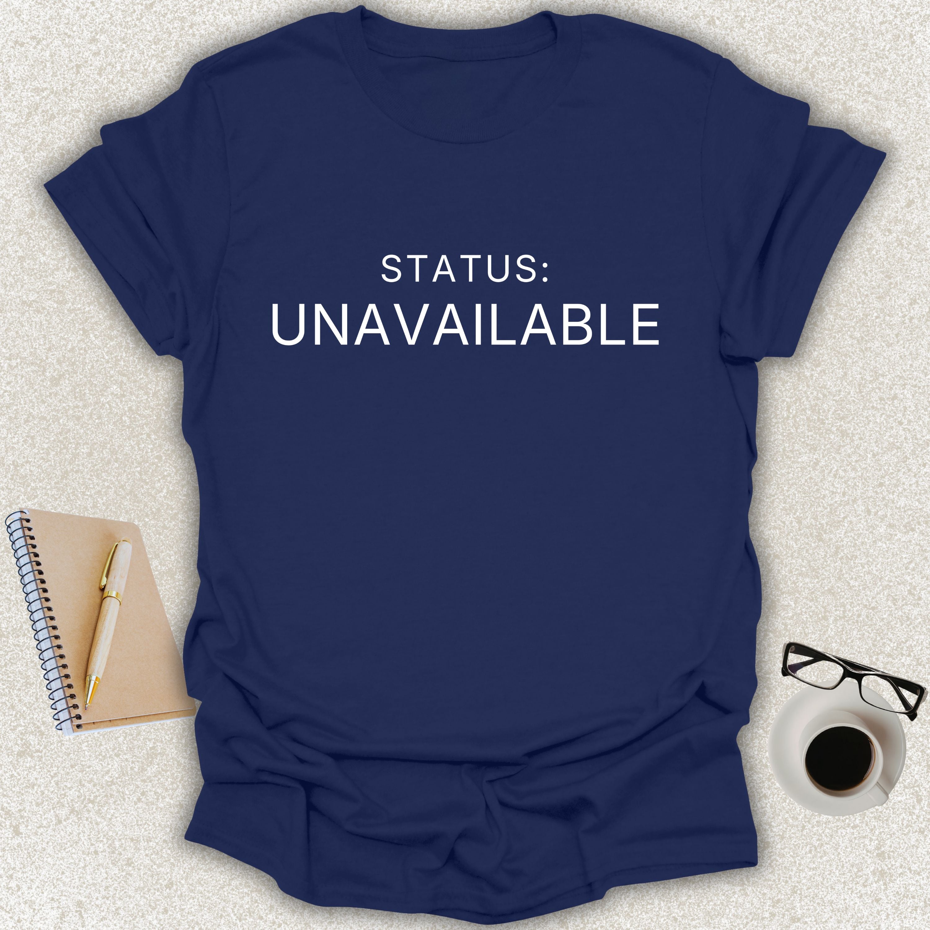 STATUS UNAVAILABLE Core minimalist typography t-shirt on navy shirt with white typography