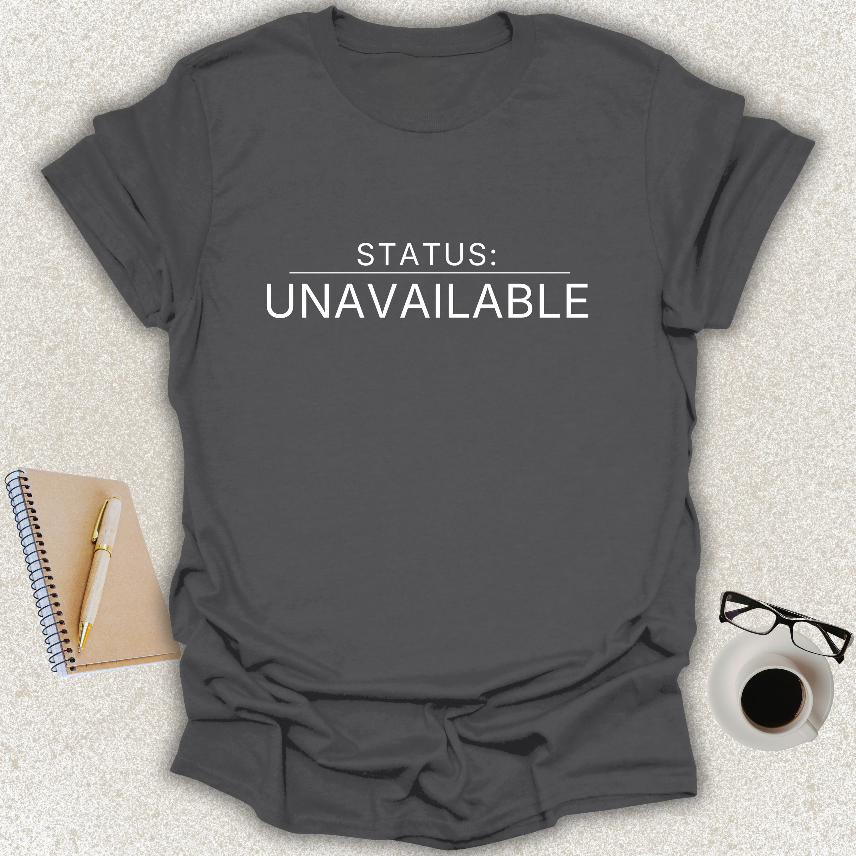 Low Signal STATUS: UNAVAILABLE minimalist typography t-shirt on charcoal Gildan Softstyle tee