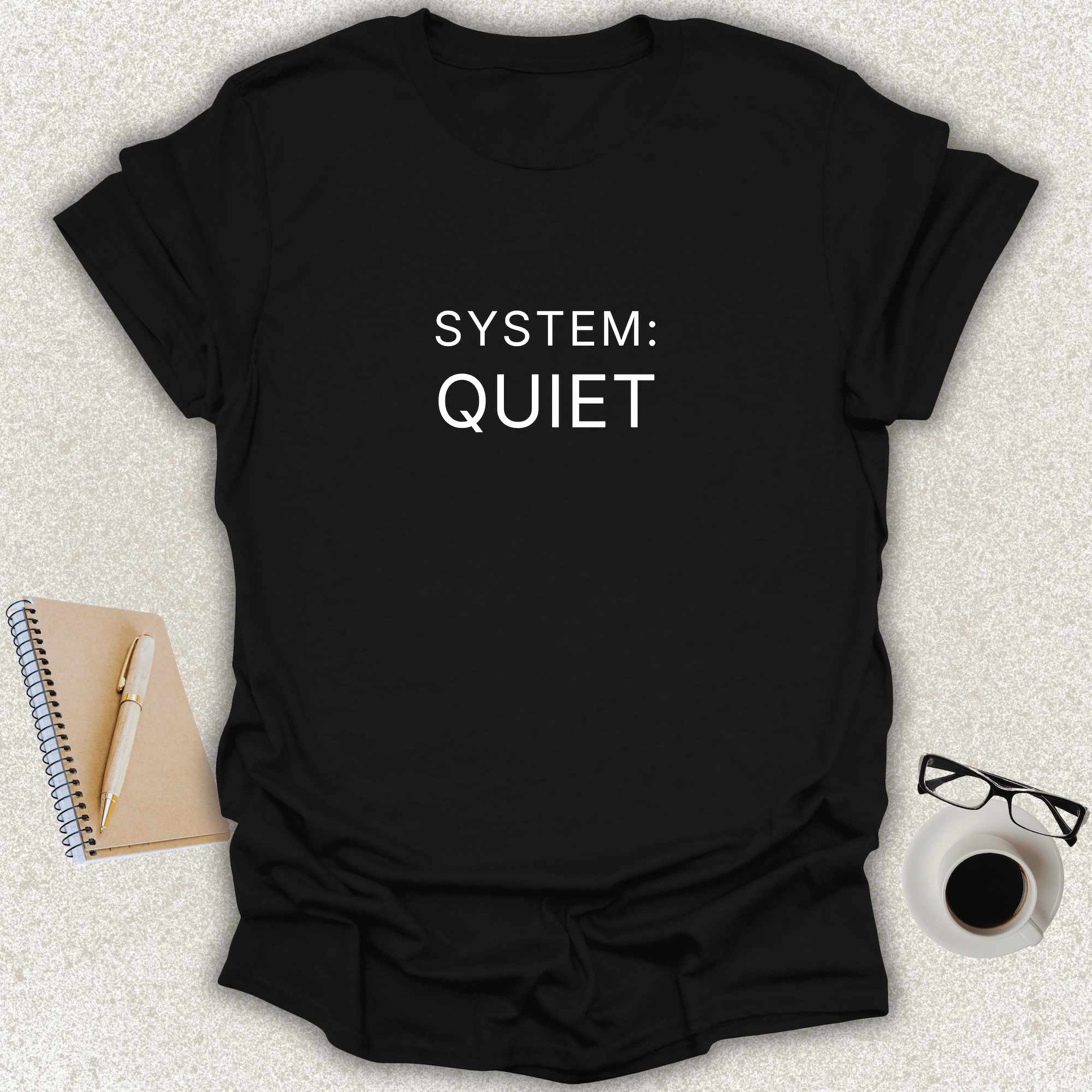SYSTEM QUIET Core minimalist typography t-shirt on black shirt with white typography